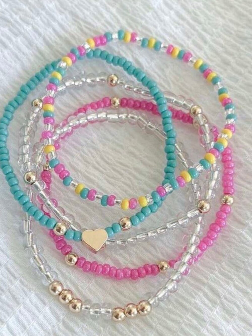 Multicolor Beaded Stretch Bracelet Stack Set Gold Tone Heart Charm